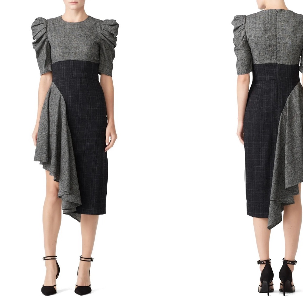 AMUR Grey Ruffle Wool Blend UMA puff sleeve asymmetrical dress women size 2